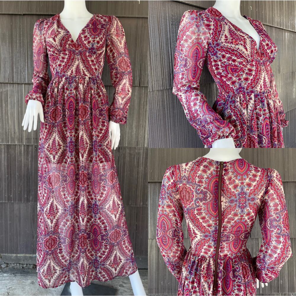 🔥Fire Los Angeles Paisley Bohemian Chic Maxi Dress Summer vacation Burgundy XS